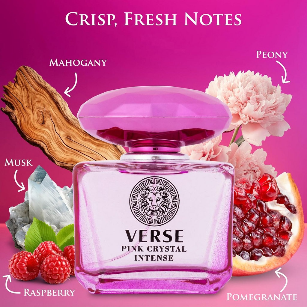 5ml: Verse Pink Crystal Intense for Women 3.4 fl Oz - Fruity & Floral Scents of Raspberry, Peony, Magnolia & Lotus Flowers - Base Notes of Amber, Vibrant Musk & Deep Mahogany Wood - Elegant 100ml Bottle