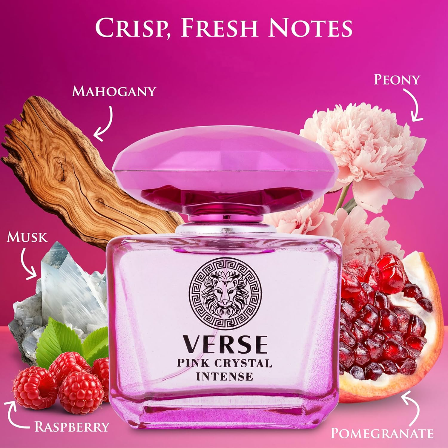 5ml: Verse Pink Crystal Intense for Women 3.4 fl Oz - Fruity & Floral Scents of Raspberry, Peony, Magnolia & Lotus Flowers - Base Notes of Amber, Vibrant Musk & Deep Mahogany Wood - Elegant 100ml Bottle