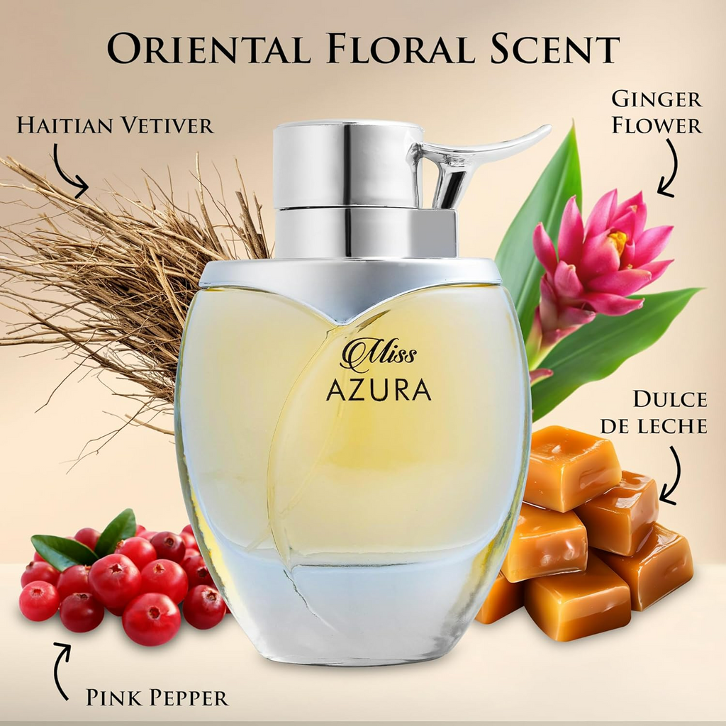 5ml: Miss Azura - Top Notes of Ginger Flower, Orange Blossom, Pink Pepper & Pomegranate - Middle Scent of Dulce de Leche & Datura - Base of Tonka Bean, Patchouli & Haitian Vetiver - Elegant 100ml Bottle