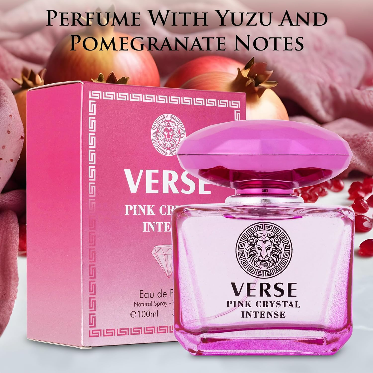 5ml: Verse Pink Crystal Intense for Women 3.4 fl Oz - Fruity & Floral Scents of Raspberry, Peony, Magnolia & Lotus Flowers - Base Notes of Amber, Vibrant Musk & Deep Mahogany Wood - Elegant 100ml Bottle